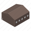 brown, car, cartoon, construction, hangar, house, isometric