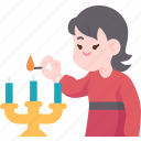 candles, lighting, girl, hanukah, traditional