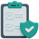 checklist, insurance, profile, document, data, information, shield, 3d