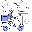 courier, moped, contactless delivery, shopping cart