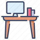 book, computer, desk, monitor, table, work