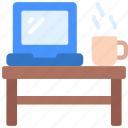 workspace, desk, laptop, coffee