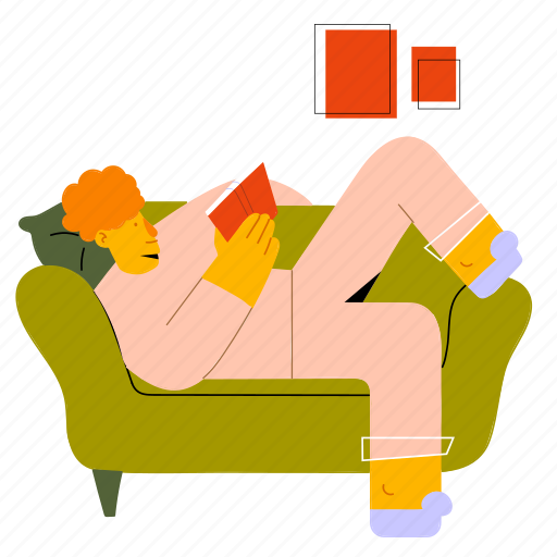 Home, relax, read, book, sofa, man, house illustration - Download on Iconfinder