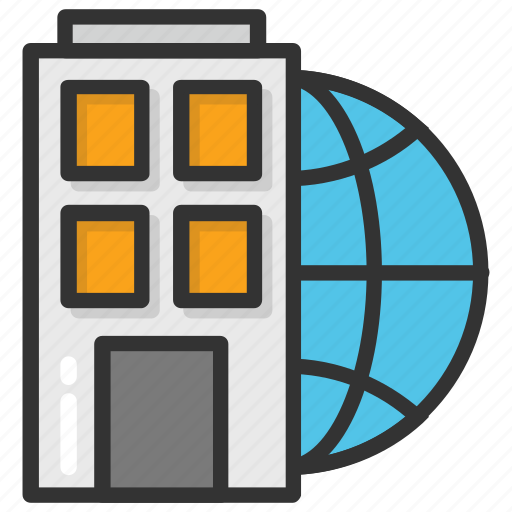 Building with globe, global office, global positioning, global real estate, internet office icon - Download on Iconfinder