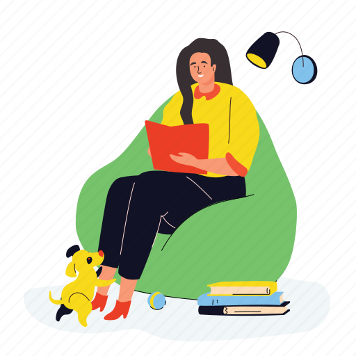 Home, reading, dog, room, stay home, armchair, pet illustration - Download on Iconfinder
