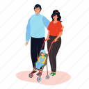 family, parents, walk, kid, stroller 