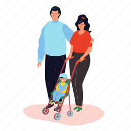 family, parents, walk, kid, stroller 