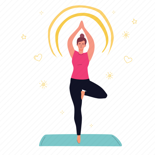Yoga, sports, stretching, calmness, yoga mat, tree pose, peace illustration - Download on Iconfinder