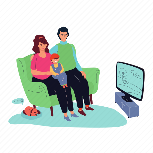 Family, sofa, evening, watching, tv, dog, baby illustration - Download on Iconfinder
