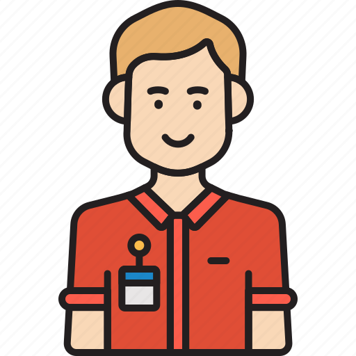 Employee, male, man, nametag, red, shirt icon - Download on Iconfinder