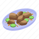 cartoon, dishes, food, isometric, logo, mussels, water