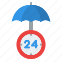 protection, 24hrs, umbrella, clock