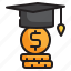 education, money, coin, hat, currency, learning, investment icon 
