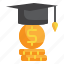 education, money, coin, hat, school, learning, investment icon 