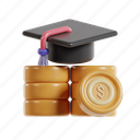invest, education, 3d icon, 3d render, 3d finance, 3d investment, finance, money, dollar, school, coin, learning, graduation hat, scholarship, bachelor cap, university, academic, study, science, pile, stack 