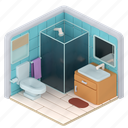 isometric, bathroom, interior, low poly, decoration, furniture, shower, home, building 