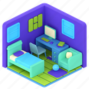 isometric, bedroom, interior, decoration, low poly, furniture, apartment, home, building 
