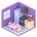 isometric, kitchen, cooking, decoration, interior, furniture, building, home, room 