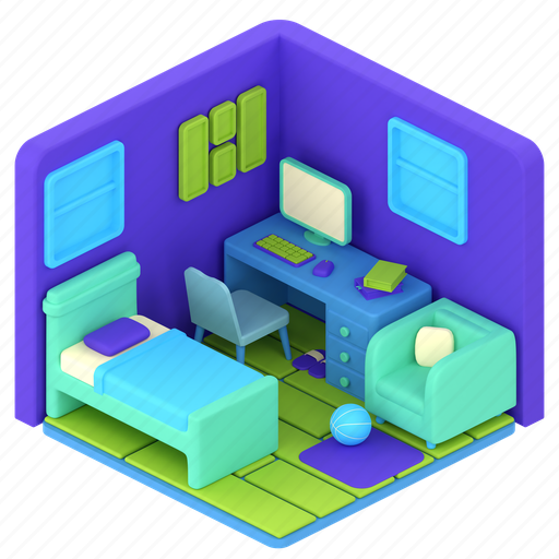 Isometric, bedroom, interior, decoration, low poly, furniture, apartment 3D illustration - Download on Iconfinder