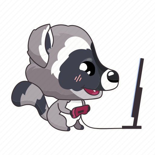 Kawaii, raccoon, playing, joystick, computer, game illustration - Download on Iconfinder