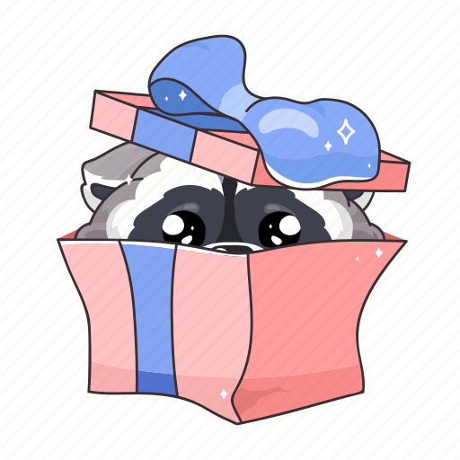 Kawaii, raccoon, birthday, present, gift, box illustration - Download on Iconfinder