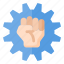 hand, fist, fight, gear, up, day, worker, labor, may