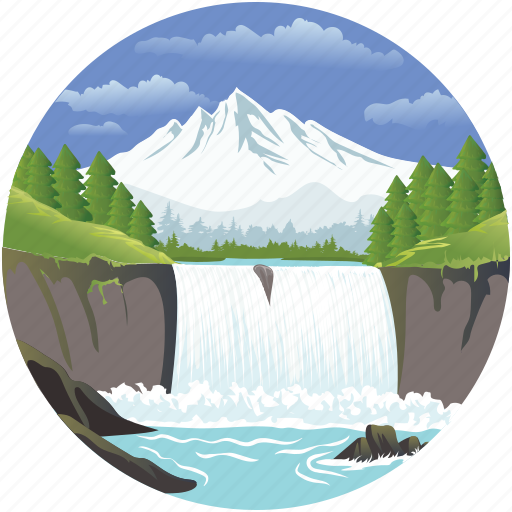 Clouds, landscape, mountains, nature, pine trees, river, waterfall icon - Download on Iconfinder
