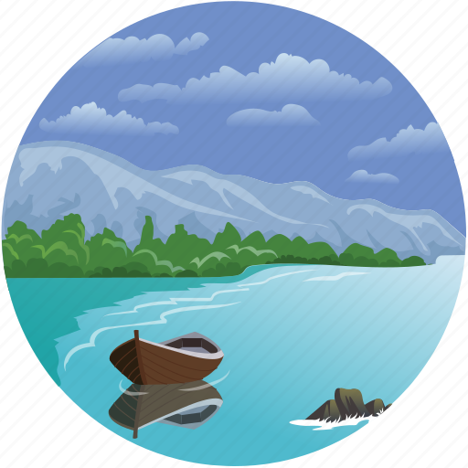 Boat, clouds, landscape, mountains, ocan, sea, trees icon - Download on Iconfinder