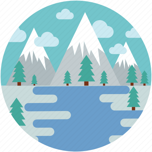 Cloudy, hills, landscape, mountains, nature, pine trees, water icon - Download on Iconfinder