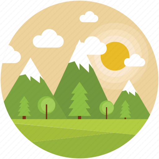 Greenery, hills, landscape, mountains, nature, pine trees, sun icon - Download on Iconfinder