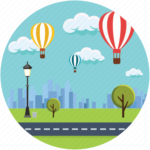 Air balloon, city, clouds, landscape, nature, road, trees icon - Download on Iconfinder