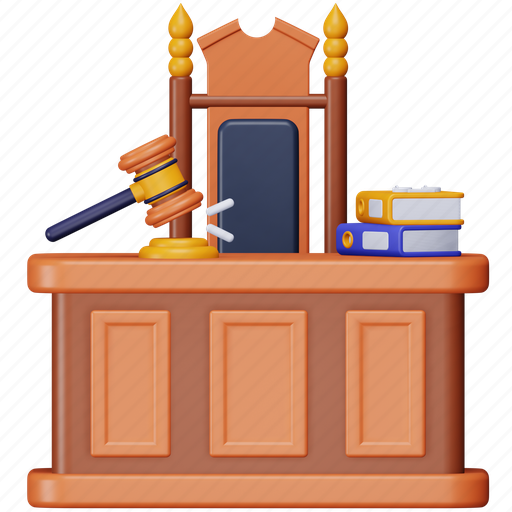 Judge, table, law, justice, court, chair, courtroom 3D illustration - Download on Iconfinder