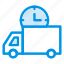 clock, delivery, schedule, time, transport, van, vehicle 