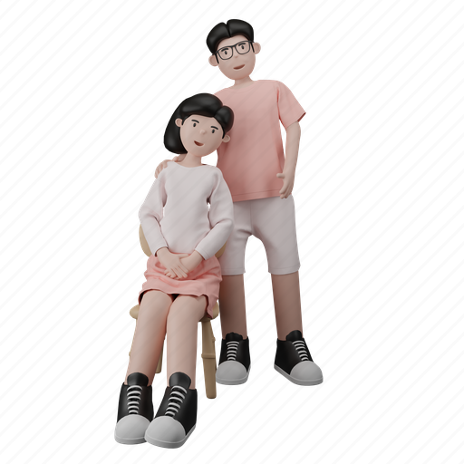 A couple taking a photo together the woman is sitting and the man is standing, dating, couple photo, girl, boy, couple in love, valentine’s day 3D illustration - Download on Iconfinder