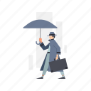 man, suitcase, umbrella, suit
