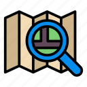 map, flat, line, location, direction, search, magnifier