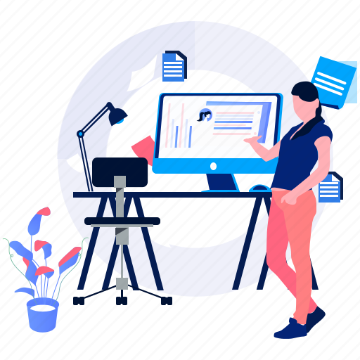 Chair, characters, computer, custom icon, illustration, plant, woman illustration - Download on Iconfinder