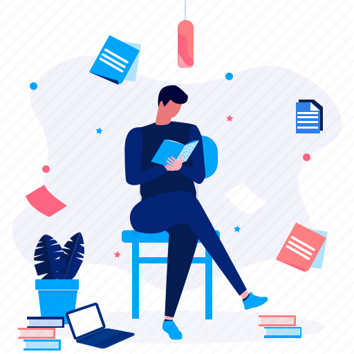 Book, chair, characters, laptop, man, palnt, read illustration - Download on Iconfinder