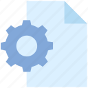 cogwheel, document, file, gear, page, paper, setting