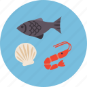 fish, flour, meat, ocean, sea, shells, shrimp