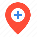 hospital, location, medical, pin, place