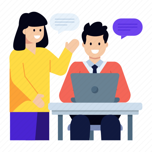 Office discussion, boss and secretary, colleagues talking, workplace discussion, workspace illustration - Download on Iconfinder