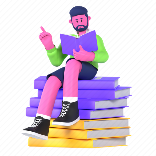 Learning, studying, books, reading, sitting on a pile of books, creative agency, marketing 3D illustration - Download on Iconfinder
