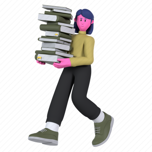 Bring lots of books, books, carrying a stack of books, reading, library, university, college 3D illustration - Download on Iconfinder