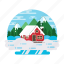 snowy landscape, snow house, winter landscape, winter house, snow mountains 