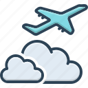 aeroplane, airliner, away from, beyond, cloud, holiday, on the far side of