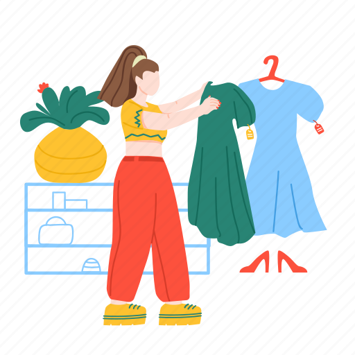 Choosing, dress, fashion, clothes, clothing, woman, female illustration - Download on Iconfinder