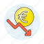 arrow, coin, currencies, decreasing, down, euro, fall, finance, graph, line, money 