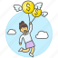 cloud, coins, female, finance, fly, flying, freedom, money, sky, wing 