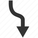 curve, direction, down arrow, move, navigation, route, turn 